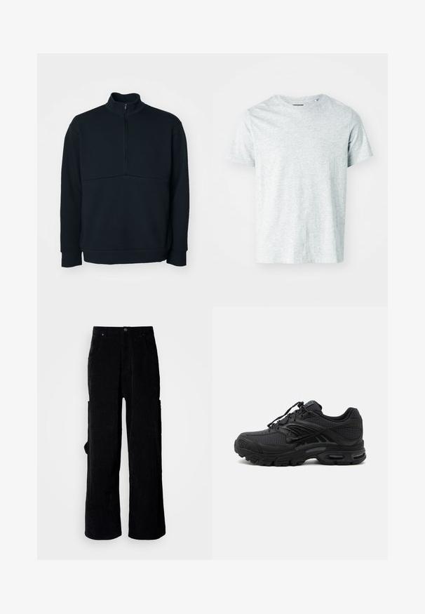 Sweatshirt noir à col montant, fermeture éclair 1/4, manches longues et finition texturée ; possède une couture horizontale au niveau de la poitrine.; T-shirt gris clair à manches courtes en tissu doux, avec un col rond et une coupe légèrement décontractée. Aucun motif ou graphique visible.; Pantalon large en velours côtelé noir avec un tissu texturé, deux poches avant et une poche cargo latérale. Fermeture par bouton à la taille.; Baskets de sport noires avec tissu texturé, semelle épaisse et rembourrée, aérations et fermeture à lacets, vues de profil sur fond clair.