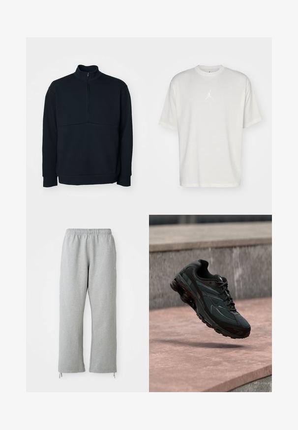 Sweatshirt noir à col montant, fermeture éclair 1/4, manches longues et finition texturée ; possède une couture horizontale au niveau de la poitrine.; T-shirt en coton blanc avec un col rond, des manches courtes et un petit logo brodé au centre. Design ajusté avec des coutures minimales.; Pantalon de survêtement gris avec une taille élastique, des jambes droites et des accents de cordon de serrage à l'ourlet. Fabriqué à partir d'un tissu doux et texturé.; Baskets athlétiques noires avec une semelle intercalaire à coussin d’air visible flottant au-dessus d’une surface en pierre rose avec un mur en pierre gris en arrière-plan.