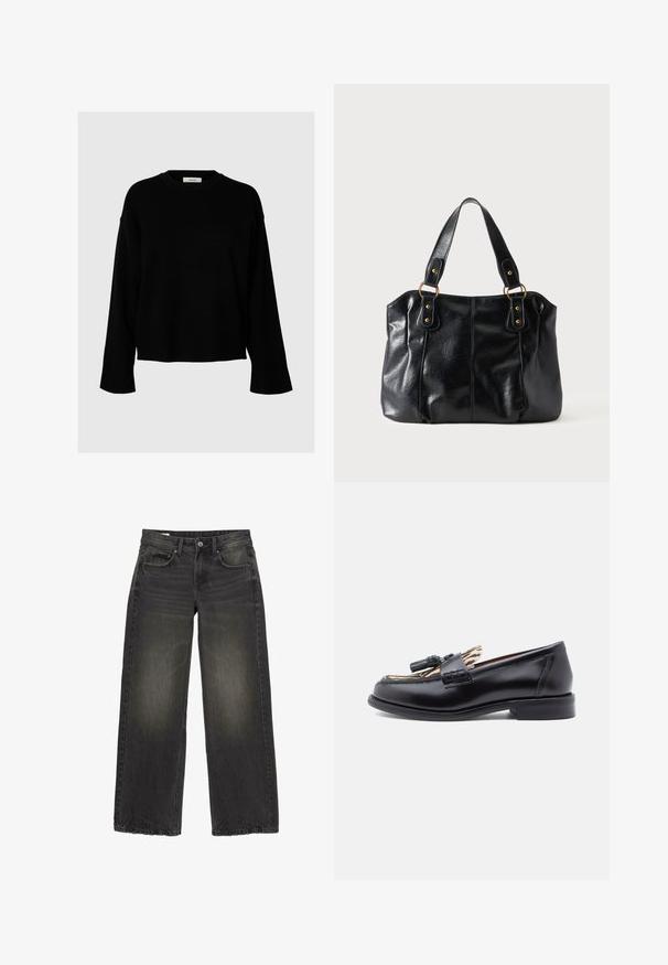 Un pull noir avec une coupe ample, des manches longues, un col rond et des poignets côtelés, fabriqué en tissu doux et texturé.; Jean noir à jambes larges avec détails délavés, bouton frontal, fermeture éclair et cinq poches, posé à plat sur fond blanc.; Mocassins en cuir noir avec un bout arrondi, ornés d'un accent en frange tissé et d'une doublure en imprimé animal contrasté. Talon bas et droit.; Sac à épaule en cuir noir avec double anses attachées par des anneaux et rivets dorés, surface lisse et légèrement brillante, design simple.