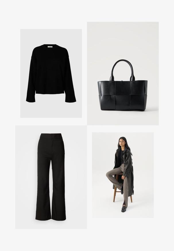 Suéter negro con un corte holgado, mangas largas, cuello redondo y puños de canalé, hecho de una suave tela texturizada.; Pantalones de pierna ancha negros con una textura suave, cintura alta y un diseño limpio. Sin bolsillos visibles ni adornos.; Abrigo de trench de cuero negro con botones y detalle de cinturón, combinado con pantalones ajustados de color marrón claro y mocasines negros, sentado en un taburete de madera.; Bolso tote de cuero negro con paneles grandes cuadrados tejidos y dos asas redondeadas sobre un fondo liso y claro.