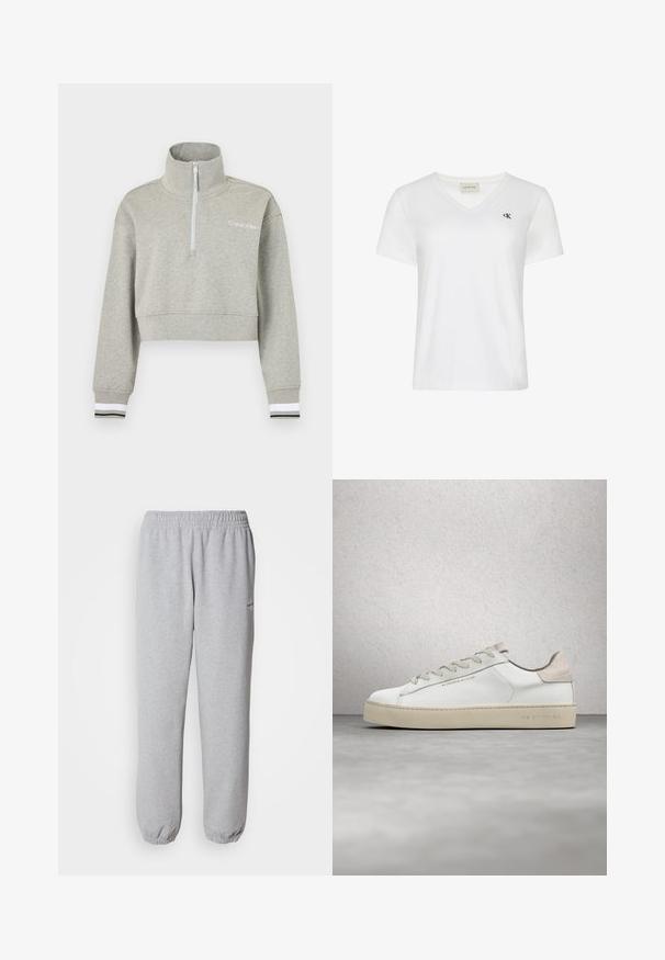 Sweatshirt gris clair court avec fermeture éclair sur le quart, col montant, logo Calvin Klein sur la poitrine et poignets rayés noir et blanc.; T-shirt blanc à manches courtes en col V avec petit logo noir "cK" sur la poitrine gauche et étiquette Calvin Klein Jeans à l'intérieur du col.; Pantalons de jogging gris en tissu doux et texturé. Taille élastique et poignets, avec un petit logo sur le côté gauche.; Sneaker en cuir blanc avec une finition lisse, accents en suède beige, bout arrondi, design à lacets plats et semelle en caoutchouc texturée.