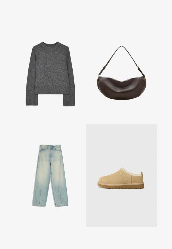 Grå strikket sweater med lange ærmer, rund hals, ribbede manchetter og kant. Blød tekstur med et let cropped design.; Lyseblå denimjeans med vide ben, forlommer, bæltestropper, knaplukning og diskrete falmede detaljer.; Suede slip-on sko i lys tan, med en blød pelsforing og tekstureret gummisål med en let hæl og bagestrop for nem påklædning.; Mørkebrun skuldertaske i læder med buet form, justerbar rem og guldfarvet lynlås langs den nederste kant.
