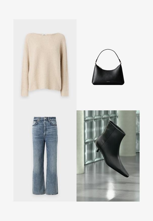 Beige gestrickter Pullover mit lockerer Passform, weitem Bootsausschnitt und gerippten Bündchen. Weiche Textur mit einem dezenten horizontalen Muster.; Helle blaue High-Waist-Jeans mit weitem Bein, versehen mit dezenten Auswaschungen, Fünf-Taschen-Design und Metallknopf-Details.; Schwarzer Leder-Stiefelette mit spitzer Zehenpartie und niedrigem Kitten-Heel, schräg dargestellt vor einem polierten Boden und einer Glasbausteinwand.; Schwarze Calvin Klein Lederhandtasche mit kurzem Griff und goldenem Reißverschluss, vor weißem Hintergrund gezeigt.