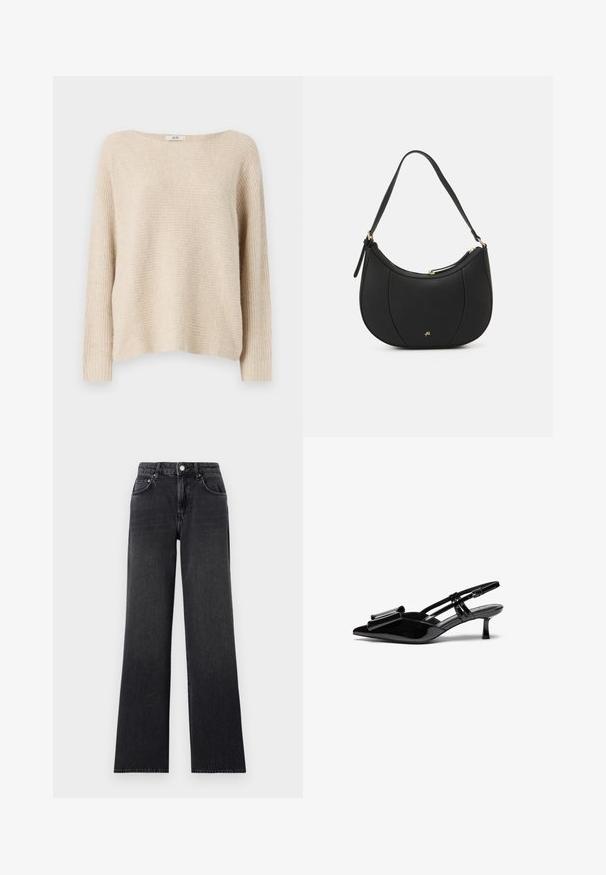 Pull en tricot beige avec une coupe ample, un col bateau large et des poignets côtelés. Texture douce avec un léger motif horizontal sur l'ensemble.; Jeans noirs à jambe large en denim, avec une taille haute, des passants de ceinture et un design classique à cinq poches avec des accents en cuivre.; Talons aiguilles en cuir verni noir avec un bout pointu, un détail en nœud à l'avant et un petit talon stiletto. Les brides sont équipées de boucles ajustables.; Sac à main en cuir noir avec une forme courbée, surface texturée, coutures avant et un logo doré. Il est doté d'une seule sangle ajustable.