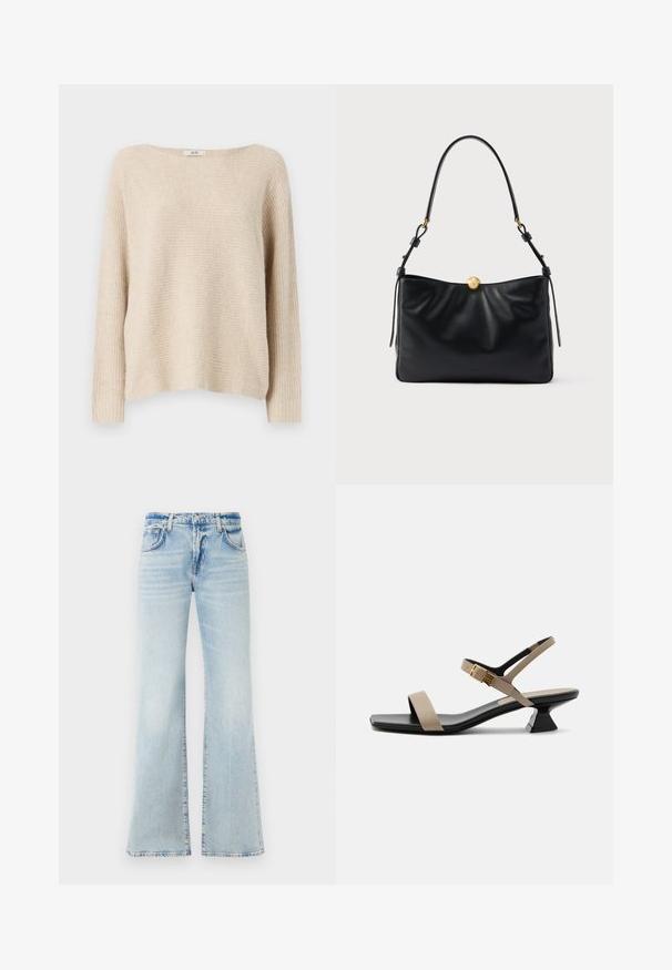 Beige gestrickter Pullover mit lockerer Passform, weitem Bootsausschnitt und gerippten Bündchen. Weiche Textur mit einem dezenten horizontalen Muster.; Hellblaue, ausgestellte Jeans aus Denim mit weicher Textur, fünf Taschen und Knopfverschluss. Mit Verblassungen für einen getragenen Effekt.; Beige und schwarze Damen-Sandale mit niedrigem Absatz, quadratischer Spitze, Knöchelriemen und goldener Schnalle auf weißem Hintergrund.; Schwarze Lederhandtasche mit weichem, gerafftem Design. Verfügt über einen runden Verschluss aus goldfarbenem Metall und einen einzelnen, schlanken Schulterriemen.