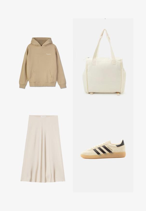 Beige kapuutsiga dressipluus, millel on ees kangaroo-tasku ja soonikkoesed. Rinnal on valge "Pegador" logo. Üksluine tekstuur.; Knee-pikkus, kreemja värvusega seelik, mis on valmistatud siledast kangast, flared kujundusega ja laia vöökohaga. Polnud mingeid mustreid ega kaunistusi.; Kreemjas seemisnahast toss mustade triipude, kummist tallaga, musta kannatabiga ja kuldse sõnaga „SPEZIAL“ küljel.; Kreemikas värv tote-kott, millel on pehme, vatitud tekstuur ja kaks tugevat sangad. Varustatud lukuga sulgemise ja külgtaskutega täiendavaks mahutamiseks.