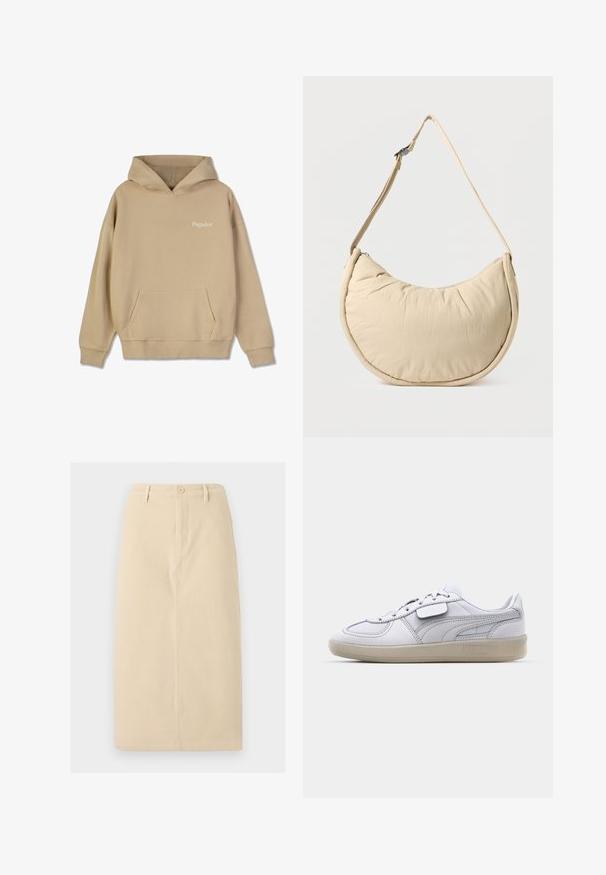 Beige kapuutsiga dressipluus, millel on ees kangaroo-tasku ja soonikkoesed. Rinnal on valge "Pegador" logo. Üksluine tekstuur.; Bež, kuni pikkusega seelik, mis on valmistatud tugevast kangast, millel on ees nuppude sulgemine ja peened vertikaalsed õmblusdetailid.; Valge nahast spordijalats hallide aktsentidega, paeltega sulgemine ja tekstureeritud kummist välistald. Külgedel on märkimisväärne logo.; Beež poolkuukujuline õlakott pehme, polsterdatud tekstuuriga. Varustatud reguleeritava rihma ja peal serval oleva tõmblukuga.