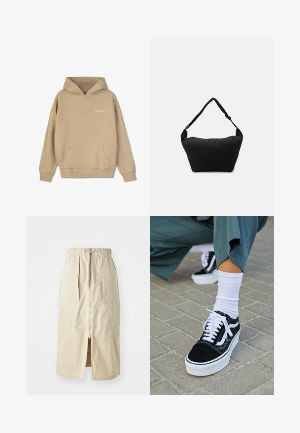 Beige kapuutsiga dressipluus, millel on ees kangaroo-tasku ja soonikkoesed. Rinnal on valge "Pegador" logo. Üksluine tekstuur.; Bež, keskmise pikkusega seelik, mis on valmistatud kerge kangaga. Omab esist tõmblukku, elastset vööd ja külje taskuid, millel on nurksed kujundid.; Mustjad sametist tennisjalanõud valgete aktsentide ja nööridega, millel on paks valge tald ja kontrastsed õmblused, koos valge sokiga.; Must mustriga mustriga kott musta kangast, pehme tekstuuriga pinnaga, ümar kuju ja ühe rihmaga. Minimalistlik disain, ilma nähtava riistvara või aktsentideta.