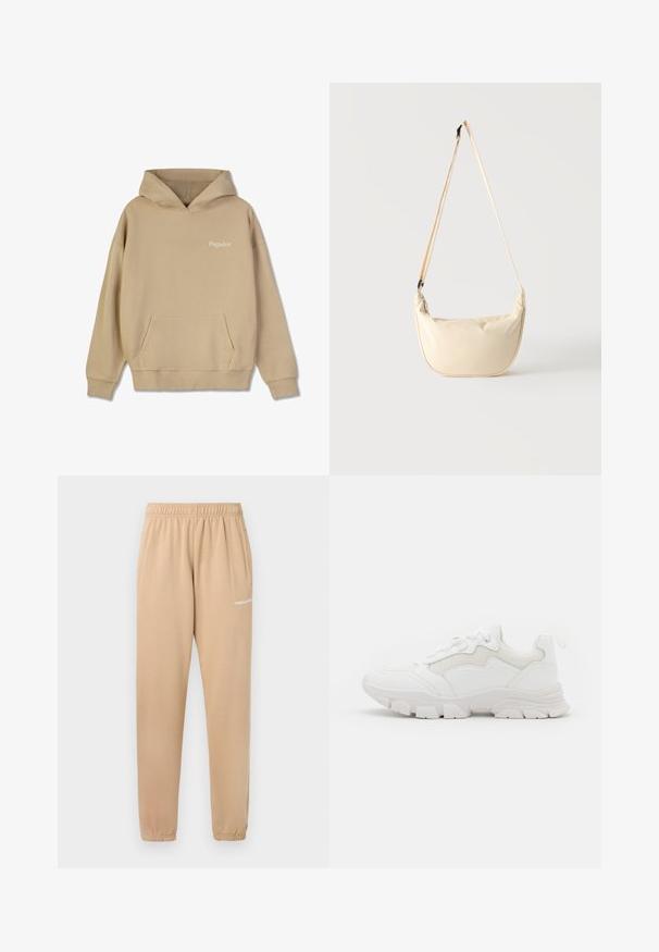 Beige kapuutsiga dressipluus, millel on ees kangaroo-tasku ja soonikkoesed. Rinnal on valge "Pegador" logo. Üksluine tekstuur.; Beežid spordipüksid elastse vöökohtaga, kitsenevate jalgade ja küljetaskutega. Vasakul reiel on väike valge tekst "PEGADOR".; NA-KD CONTRAST SOLE TREKKING - Tossud - white; Beež värvi poolkuu-kujuline õlakott pika reguleeritava rihmaga, mis ripub lihtsa heleda tausta ees.