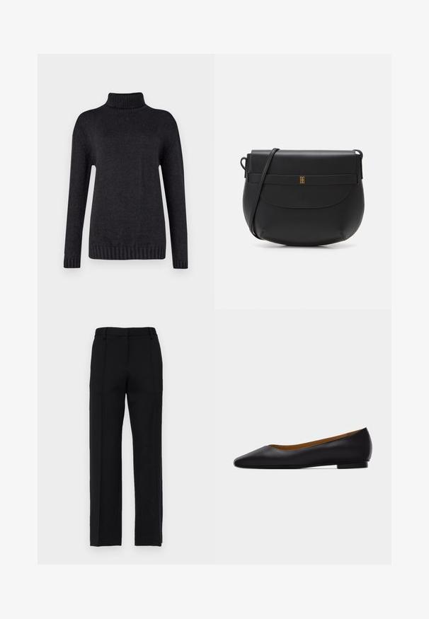 Un pull col roulé gris foncé en maille texturée, avec des manches longues et des poignets et un ourlet côtelés.; Pantalon noir ajusté avec une coupe droite, doté de plis avant et d'une ceinture plate. Fabriqué dans un tissu lisse et texturé.; Chaussure plate en cuir noir à bout pointu avec talon bas et finition lisse, vue de côté sur un fond gris clair.; Sac en cuir noir à bandoulière de forme arrondie, au design minimaliste, avec fermeture à rabat et un accent doré au centre.