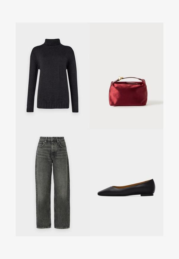 Donkergrijze coltrui gemaakt van een gestructureerde breimateriaal, met lange mouwen en geribbelde manchetten en zoom.; Won Hundred ALEXANDRA - Relaxed fit jeans - tinted black; Zwarte leren puntschoen met lage hak en gladde afwerking, zijaanzicht op een lichtgrijze achtergrond.; Bordeaux satijnen cosmetica tas met een rechthoekige vorm, ritssluiting en een kort handvat. Beschikt over een minimalistisch ontwerp en een gladde textuur.