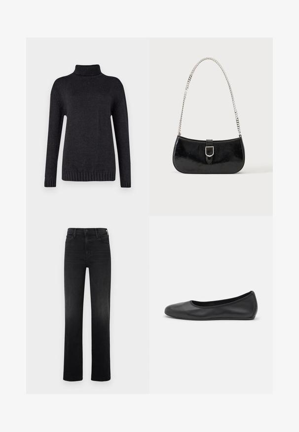 Mørkegrå turtleneck sweater lavet af et struktureret strikkemateriale, der har lange ærmer samt ribbede manchetter og kant.; Sorte ligejeans lavet af denim. Har et klassisk femlomme-design, med lynlås og knaplukning. Glat tekstur.; Sort læderballetsko med rund tå, glat tekstur, minimal syning og et fleksibelt såldesign.; Sort skuldertaske i laklæder med sølv spænde og sølv kæderem, vist mod en ensartet lys baggrund.