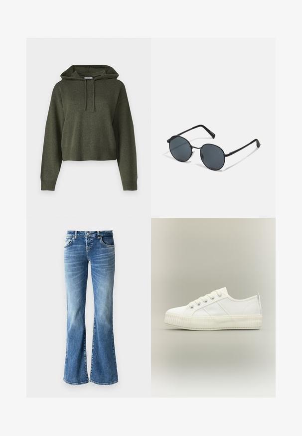 Olijfgroen cropped hoodie gemaakt van een gestructureerde stof, met een capuchon met trekkoord en ribbelboorden en -zoom. Eenvoudig, ontspannen ontwerp.; Lichtblauwe denim flared jeans met een vervaagde wassing, vijf zakken, gestikte details en een rits met knopsluiting.; Witte lage sneaker met dikke geribde zool, veters aan de voorkant en trek-lus aan de hiel tegen een neutrale achtergrond.; Zwarte metaalachtige zonnebril met ronde glazen, donker getint, slanke armen en verstelbare neussteunen, met een minimalistisch ontwerp en zonder zichtbare branding.