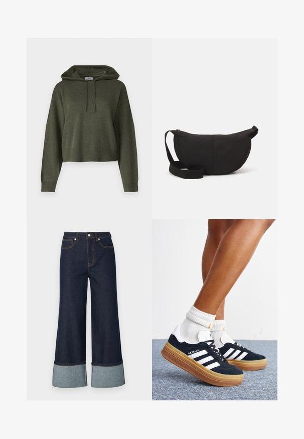 Haut à capuche court vert olive en tissu texturé, avec une capuche à cordon de serrage et des poignets et un ourlet côtelés. Design simple et décontracté.; Jeans évasés en denim foncé, dotés d'un revers en denim clair. Le design comprend des poches avant et des détails de surpiqûres contrastantes.; Jambes portant des chaussettes blanches et des baskets Adidas Gazelle noires avec des bandes blanches et des semelles épaisses marron sur un sol recouvert de moquette grise.; Sac à main noir avec une silhouette arrondie. Fabriqué en tissu texturé, il dispose d'une fermeture éclair et d'une anse tissée. Design simple et minimaliste.