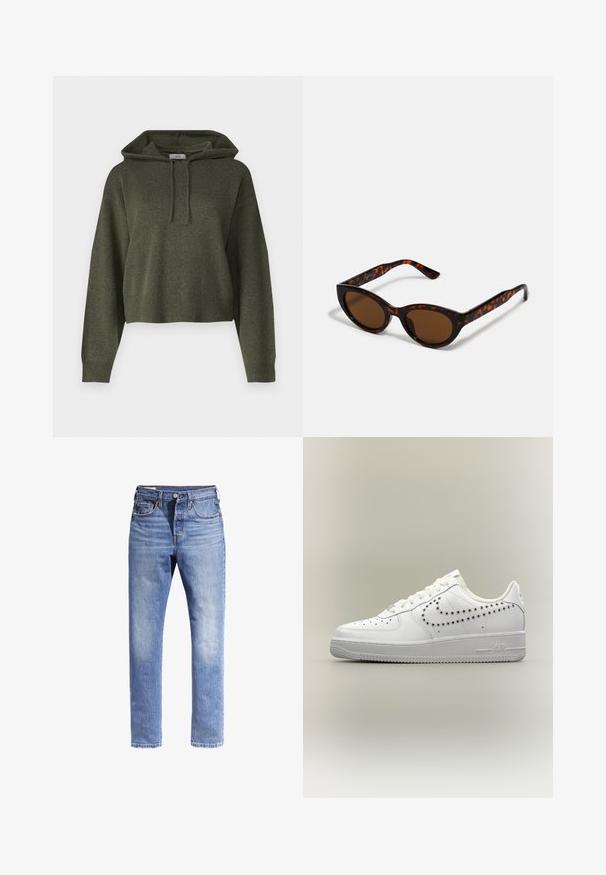 Olijfgroen cropped hoodie gemaakt van een gestructureerde stof, met een capuchon met trekkoord en ribbelboorden en -zoom. Eenvoudig, ontspannen ontwerp.; Lichtblauwe denim jeans met een rechte pasvorm, vijf zakken en contrasterende stiksels. De stof lijkt licht vervaagd.; Witte lage sneaker met geperforeerd Nike swoosh-ontwerp aan de zijkant, witte veters en een gestructureerde zool op een neutrale achtergrond.; Bruine schildpad zonnebril met een vintage cat-eye vorm en bruine lenzen. Heeft gebogen armen met rode accenten.