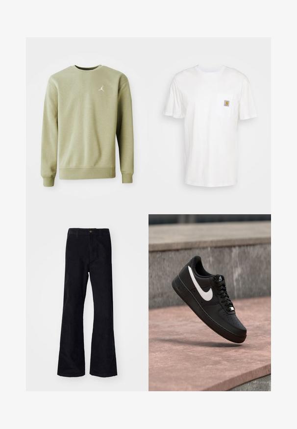 Lys oliven grøn sweatshirt med rund halsudskæring, lange ærmer og et lille hvidt Jumpman-logo på brystet, lavet af blødt stof.; Hvid bomulds T-shirt med korte ærmer, en brystlomme, og et lille firkantet logo patch i orange og hvid på lommen.; Sorte, bomuldsforlængede bukser med en traditionel linning, enkelt forreste knap og lommer på siderne og bagpå. Glat tekstur.; Sort Nike Air Force 1-sneaker med hvid swoosh-logo, svævende over en stenovertflade med en grå tekstureret væg i baggrunden.