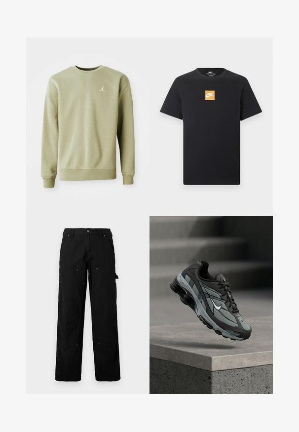 Lys oliven grøn sweatshirt med rund halsudskæring, lange ærmer og et lille hvidt Jumpman-logo på brystet, lavet af blødt stof.; Sort kortærmet Nike T-shirt med en lille orange firkantet logo og hvid Nike-swoosh placeret centralt på brystet.; Sorte cargo bukser lavet af slidstærkt stof med flere lommer, en afslappet pasform, synlige sømme og trykknapdetaljer.; Grå og sort atletiksko med meshpaneler og tyk sål, placeret i luften over en betonliste med trapper i baggrunden.