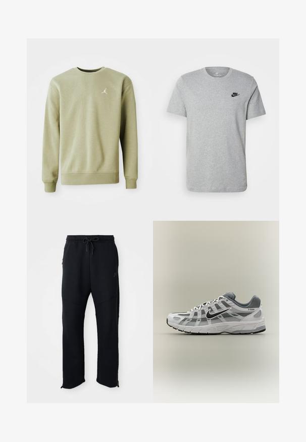 Lys oliven grøn sweatshirt med rund halsudskæring, lange ærmer og et lille hvidt Jumpman-logo på brystet, lavet af blødt stof.; Grå kortærmet T-shirt i bomuld med et sort Nike-logo på brystet og rund halsudskæring. Minimalistisk design uden mønstre.; Sorte træningsbukser med elastisk linning og snoretræk, har sidelommer, smalle ben og lynlåse ved anklerne. Glat tekstur.; Hvid og grå Nike P-6000 sneaker med sort swoosh, meshpaneler og tekstureret sål, vist i sideprofil på neutral baggrund.