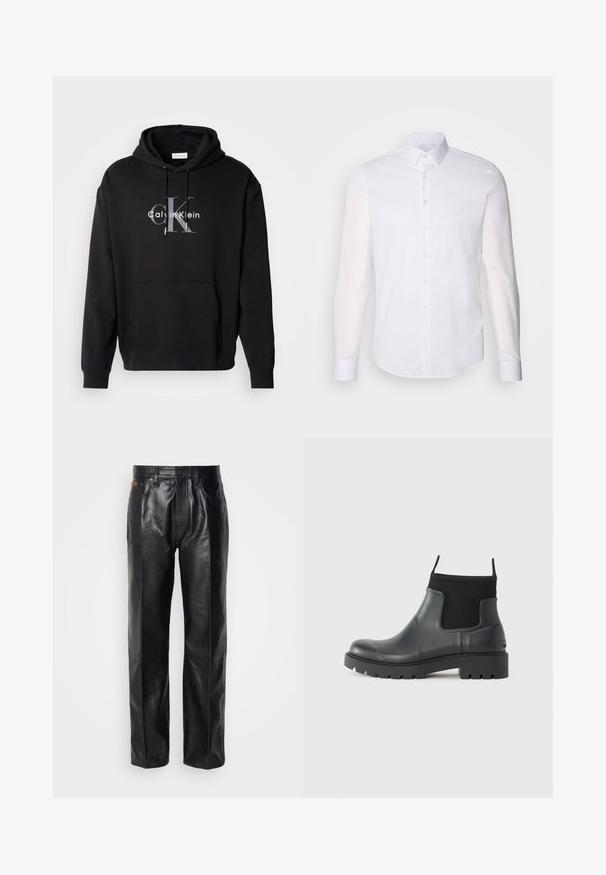 Must värvi kapuutsiga särk, mis on valmistatud puuvilla segust, ees on tasku ja rinnal halli ja valgega trükitud Calvin Kleini logo.; Valge pikkade varrukatega nööpidega särk, mis on valmistatud puuvillast, klassikalise krae, eest nööpide ja minimaalsete õmblusdetailidega.; Mustad nahkpüksid sirge lõikega. Omadusteks on nööp sulgemine ja eesmine taskud, näidates sujuvat tekstuuri ja minimaalset õmblust.; Mustad mustadest kummist ankle'ide saapad, millel on matt viimistlus, sujuv disain, elastsed paneelid ja paks tald, mis tagab haarduvuse.