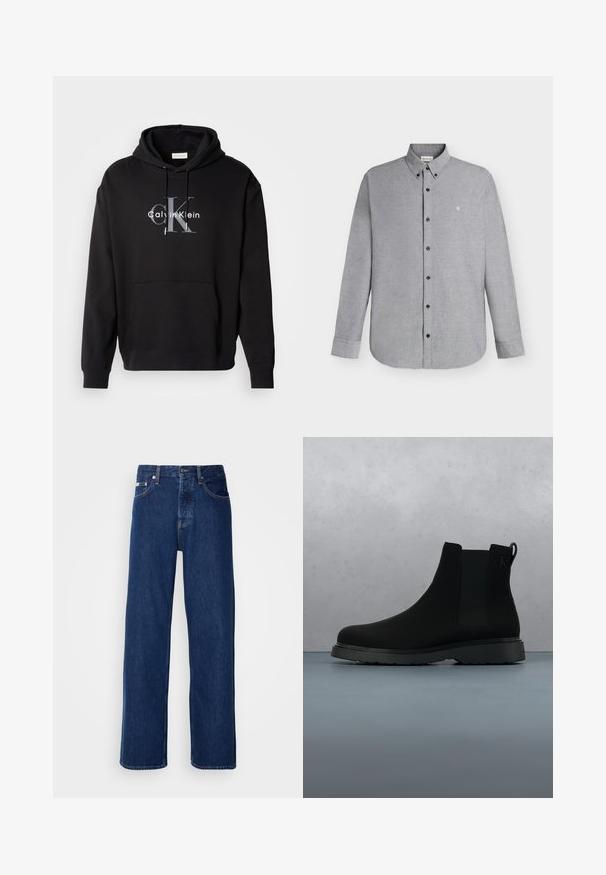 Sudadera con capucha negra de mezcla de algodón, con un bolsillo frontal y un logo impreso de Calvin Klein en gris y blanco en el pecho.; Camisa de manga larga color gris claro con cierre de botones y cuello abotonado, con un pequeño logo "cK" bordado en el pecho izquierdo.; Vaqueros de mezclilla azul oscuro con un diseño de pierna ancha, que presentan un cierre de botón y el clásico estilo de cinco bolsillos. La tela tiene una textura suave.; Botín negro de tobillo, hecho de material suave con costuras sutiles, suela de goma y un diseño elegante, posicionado sobre una superficie con textura de madera.