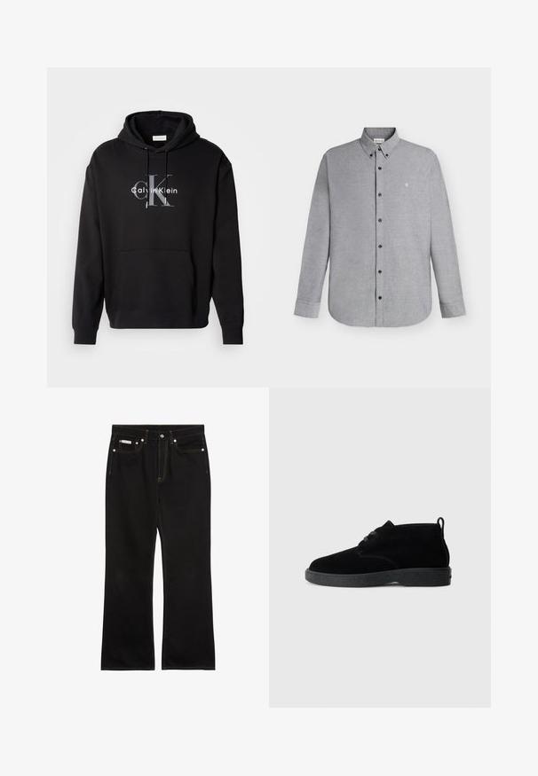 Čierna mikina s kapucňou vyrobená z bavlnenej zmesi, s prednou kapsou a potlačeným logom Calvin Klein v sivej a bielej farbe na hrudi.; Svetlosivá košeľa s dlhým rukávom na gombíky s golierom na gombíky a malým vyšívaným logom "cK" na ľavej strane hrudníka.; Čierne rovné rifle s oranžovým prešitím, piatimi vreckami, zapínaním na gombíky a malou značkou Calvin Klein na pravom prednom vrecku.; Čierne suede ankle boots s okrúhlou špičkou, šnurovacími detailmi, čiernou gumovou podrážkou a ťahacou slučkou na zadnej strane pre jednoduché obúvanie.