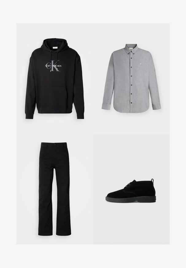 Sort hætte sweatshirt lavet af bomuldsblanding, med en forlommes og et trykt Calvin Klein-logo i grå og hvid på brystet.; Lysegrå skjorte med lange ærmer, knapper foran og knaplukket krave samt det lille "cK" logo broderet på venstre bryst.; Sort bomuldsbukser med lige ben, der har knaplukning og bæltestropper. Glat tekstur og minimalistisk stil uden synlige mønstre.; Sorte ruskindsankelstøvler med rund tå, snørebåndsdesign, sort gummisål og en sløjfe bag på for nem påtagning.
