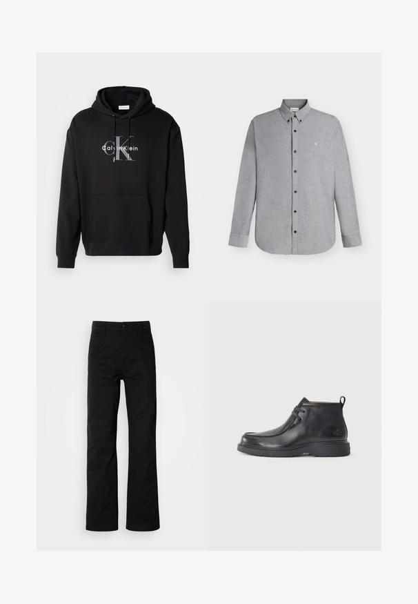 Sort hætte sweatshirt lavet af bomuldsblanding, med en forlommes og et trykt Calvin Klein-logo i grå og hvid på brystet.; Lysegrå skjorte med lange ærmer, knapper foran og knaplukket krave samt det lille "cK" logo broderet på venstre bryst.; Sort bomuldsbukser med lige ben, der har knaplukning og bæltestropper. Glat tekstur og minimalistisk stil uden synlige mønstre.; Sorte læder ankelstøvler med rund tå, snørelukning og en løkke bagpå. Tekstureret overdel og gummisål.