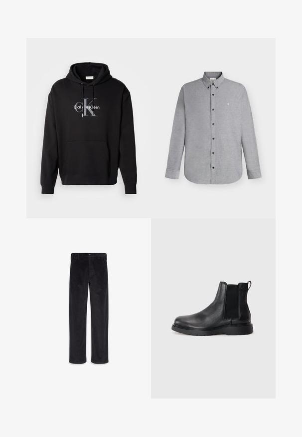 Sort hætte sweatshirt lavet af bomuldsblanding, med en forlommes og et trykt Calvin Klein-logo i grå og hvid på brystet.; Lysegrå skjorte med lange ærmer, knapper foran og knaplukket krave samt det lille "cK" logo broderet på venstre bryst.; Sorte, lige bukser i ribstof med knap- og lynlåslukning, bæltestropper og sidelommer.; Sorte læder chelsea støvler med tekstureret finish, elastiske sidepaneler og en robust gummisål. Subtil branding på hælen.