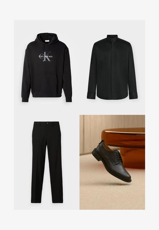 Musta huppari, joka on tehty puuvillasekoitteesta, sisältää etutaskun ja siinä on rintapaneelissa painettu Calvin Klein -logo harmaana ja valkoisena.; Musta pitkähiha paita pystokauluksella, piilotetulla napituslistalla ja leveillä kalvosimilla, esitetty yksinkertaisella vaalealla taustalla.; Mustat housut, jotka on valmistettu sileästä kankaasta, suoralla leikkauksella, vyötäröllä nappikiinnitys ja ei näkyviä kuvioita tai yksityiskohtia.; Musta nahkainen nauhoitettava miesten juhlakenkä leijuu beigen maton yllä, taustalla on pyöreä ruskea sohvapöytä.