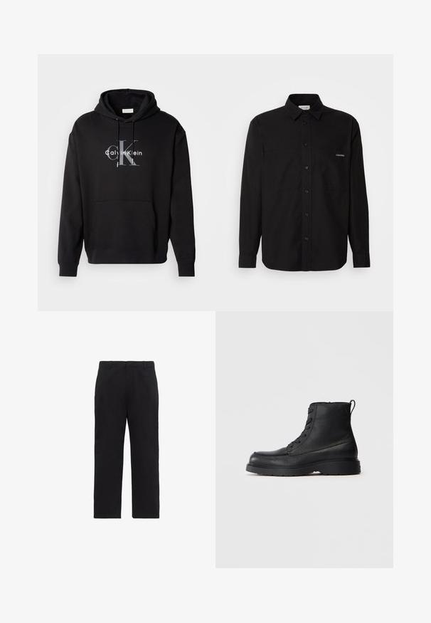 Sudadera con capucha negra de mezcla de algodón, con un bolsillo frontal y un logo impreso de Calvin Klein en gris y blanco en el pecho.; Camisa negra de manga larga fabricada en algodón, con cierre de botones en el frente, dos bolsillos en el pecho y un pequeño logo en el bolsillo izquierdo.; Pantalones negros de pierna recta con trabillas para cinturón, cremallera frontal y bolsillos laterales, mostrados sobre un fondo blanco.; Botín de tobillo negro de cuero texturizado con cordones, suela gruesa y lengüeta en la parte trasera, vista lateral.