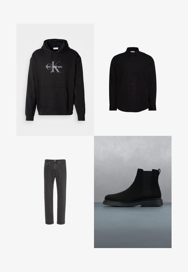 Čierna mikina s kapucňou vyrobená z bavlnenej zmesi, s prednou kapsou a potlačeným logom Calvin Klein v sivej a bielej farbe na hrudi.; Čierna košeľa s dlhým rukávom na gombíky vyrobená z hladkej tkaniny. Má klasický golier, zapínanie na prednej strane a malé logo na hrudi.; Čierne rifle s rovnými nohavicami z denimu s zapínaním na predné gombíky a zips, predné a zadné vrecká, zobrazené na bielom pozadí.; Čierne členkové topánky vyrobené z hladkého materiálu s jemným prešívaním, gumovou podrážkou a elegantným dizajnom, umiestnené na povrchu s drevenou textúrou.