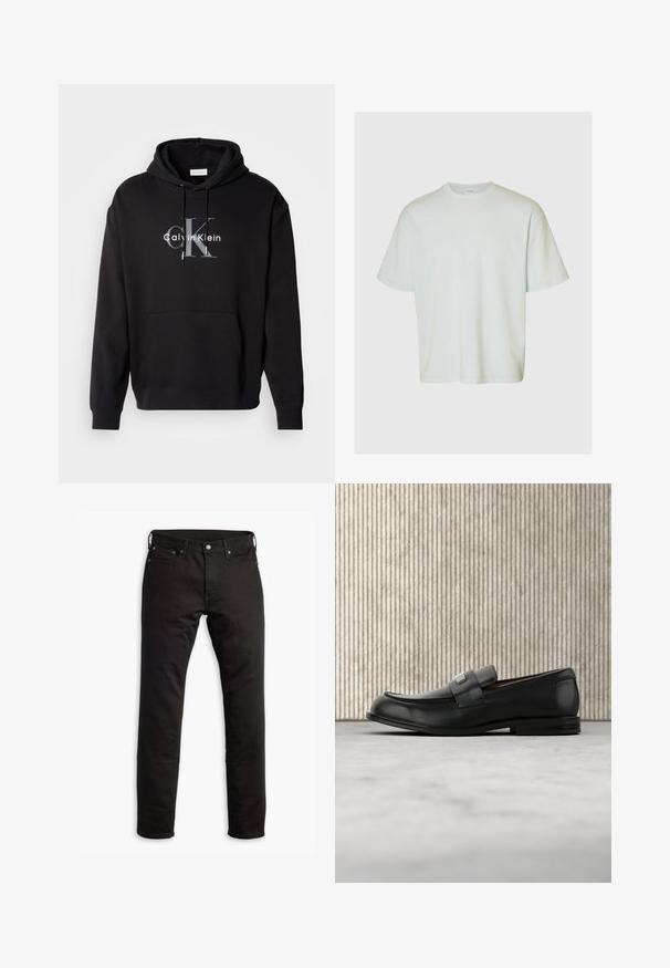 Musta huppari, joka on tehty puuvillasekoitteesta, sisältää etutaskun ja siinä on rintapaneelissa painettu Calvin Klein -logo harmaana ja valkoisena.; Selected SLMLOOSEOSCAR - T-paita - ice melt; Mustat farkut suoran lahje-muotoilulla, etutaskuilla ja napituskiinnityksellä. Kangas on sileäpintainen ja siinä on vähäiset yksityiskohdat.; Musta nahkainen loafer metallimerkkilevyllä, joka lepää ruskean pyöreän pöydän lähellä beigen maton päällä.
