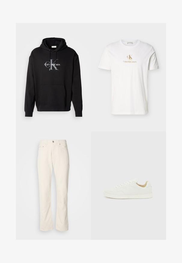 Musta huppari, joka on tehty puuvillasekoitteesta, sisältää etutaskun ja siinä on rintapaneelissa painettu Calvin Klein -logo harmaana ja valkoisena.; Valkoinen lyhythihainen T-paita, jossa on pieni beige "cK"-logo ja "Calvin Klein Jeans" -teksti rinnassa keskellä.; Beige puuvillafarkut klassikalisella suoranlahkeisella muotoilulla, etupainikkeella suljettuna, viidellä taskulla ja hillityillä ompeluyksityiskohdilla.; Matalavartinen valkoinen nahkainen tennari, jossa valkoiset nauhat ja kuvioitu pohja, esitetty ulkopuolelta vaaleanharmaalla taustalla.