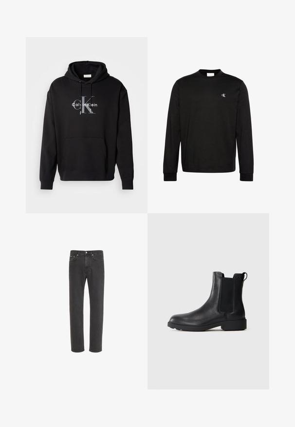Sudadera con capucha negra de mezcla de algodón, con un bolsillo frontal y un logo impreso de Calvin Klein en gris y blanco en el pecho.; Camiseta negra de manga larga con cuello redondo, con pequeño logo blanco "cK" en el pecho izquierdo y puños acanalados.; Vaqueros negros de corte recto con cierre delantero de botón y cremallera, bolsillos delanteros y traseros, mostrados sobre fondo blanco.; Botín negro de cuero hasta el tobillo con paneles laterales elásticos, tirador en el talón y suela baja de bloque sobre un fondo liso.