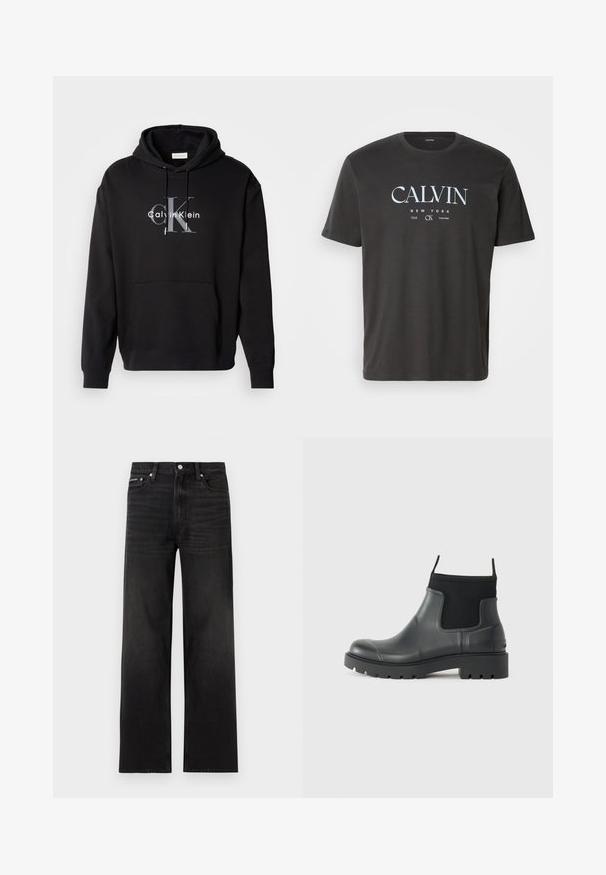 Must värvi kapuutsiga särk, mis on valmistatud puuvilla segust, ees on tasku ja rinnal halli ja valgega trükitud Calvin Kleini logo.; Must must shirt lühikeste varrukatega, millel on valge logo, mis ütleb "CALVIN NEW YORK 1968 CK", keskendatud ees.; Mustad sirgete sääreosadega teksad, millel on viie tasku disain, vööaasad ja nööpidega kinnitamine, valgel taustal.; Mustad mustadest kummist ankle'ide saapad, millel on matt viimistlus, sujuv disain, elastsed paneelid ja paks tald, mis tagab haarduvuse.