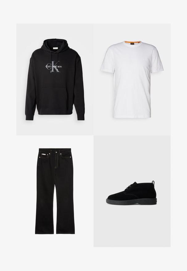 Musta huppari, joka on tehty puuvillasekoitteesta, sisältää etutaskun ja siinä on rintapaneelissa painettu Calvin Klein -logo harmaana ja valkoisena.; Valkoinen puuvillateepaita, jossa on pyöreä kaula-aukko, lyhyet hihat ja hillitty kohopainettu logo rinnassa. Sisämerkissä on oranssi yksityiskohta.; Musta suoralahkeiset farkut oranssilla ompeleella, viisi taskua, nappikiinnitys ja pieni Calvin Klein -merkki etuvasemman taskun päällä.; Mustat mokka nilkkurit pyöreällä varpaalla, nauhakiinnitys, musta kumipohja ja vetotappi takana helppoa pukemista varten.