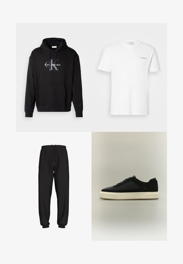 Sort hætte sweatshirt lavet af bomuldsblanding, med en forlommes og et trykt Calvin Klein-logo i grå og hvid på brystet.; Hvid bomulds T-shirt med korte ærmer og rund halsudskæring. Har et lille sort "Calvin Klein" logo på venstre bryst.; Svarte løstsiddende joggingbukser med elastisk talje og manchetter, med justerbar snøre i taljen.; Sort lavt snøresko med hvid tyk sål, snørret forside og diskret "cK"-logo på siden.