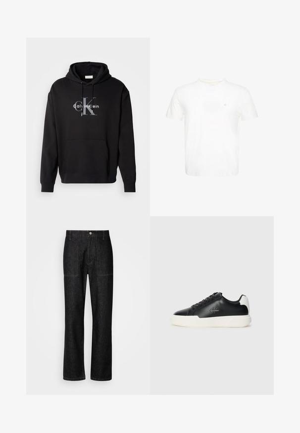Sudadera con capucha negra de mezcla de algodón, con un bolsillo frontal y un logo impreso de Calvin Klein en gris y blanco en el pecho.; Camiseta blanca de manga corta con cuello redondo y pequeño logo "ck" bordado en el pecho izquierdo.; Pantalones de mezclilla negros con corte recto, costuras visibles y cierre frontal con botón. Incluye dos bolsillos laterales y dos bolsillos traseros.; Zapatillas de piel negra con suela de goma blanca. Presentan puntera redonda, diseño de cordones y detalle del logotipo en el costado. Acento trasero en blanco.