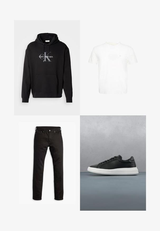 Sort hætte sweatshirt lavet af bomuldsblanding, med en forlommes og et trykt Calvin Klein-logo i grå og hvid på brystet.; Hvid T-shirt med korte ærmer og rund hals med lille broderet "ck" logo på venstre bryst.; Sorte denimjeans med et lige ben-design, forlommer og knaplukning. Stoffet har en glat tekstur og minimal detaljering.; Sorte lædersneakers med en glat overflade, hvid gummisål, afrundet form, seks øjer til snørebånd og diskret branding på hælen.