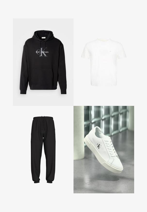 Sort hætte sweatshirt lavet af bomuldsblanding, med en forlommes og et trykt Calvin Klein-logo i grå og hvid på brystet.; Hvid T-shirt med korte ærmer og rund hals med lille broderet "ck" logo på venstre bryst.; Svarte løstsiddende joggingbukser med elastisk talje og manchetter, med justerbar snøre i taljen.; Hvid Calvin Klein sneaker med snørebånd, vist svævende over en poleret betongulv og en baggrund af glasblokke.
