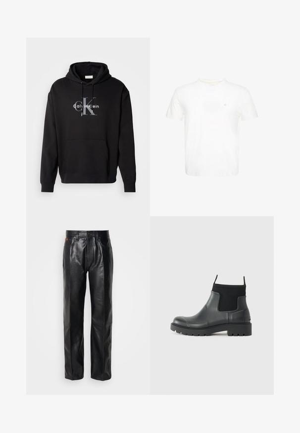 Čierna mikina s kapucňou vyrobená z bavlnenej zmesi, s prednou kapsou a potlačeným logom Calvin Klein v sivej a bielej farbe na hrudi.; Biele tričko s krátkym rukávom a okrúhlym výstrihom s malým vyšívaným logom "ck" na ľavej strane hrudníka.; Čierne kožené nohavice s rovnými nohavicami. Medzi vlastnosti patrí zapínanie na gombík a predné vrecká, ktoré ukazujú hladkú textúru a minimálne švy.; Čierne členkové topánky vyrobené z gumy s matným povrchom, s elegantným dizajnom, elastickými panelmi a hrubou podrážkou pre lepšiu trakciu.