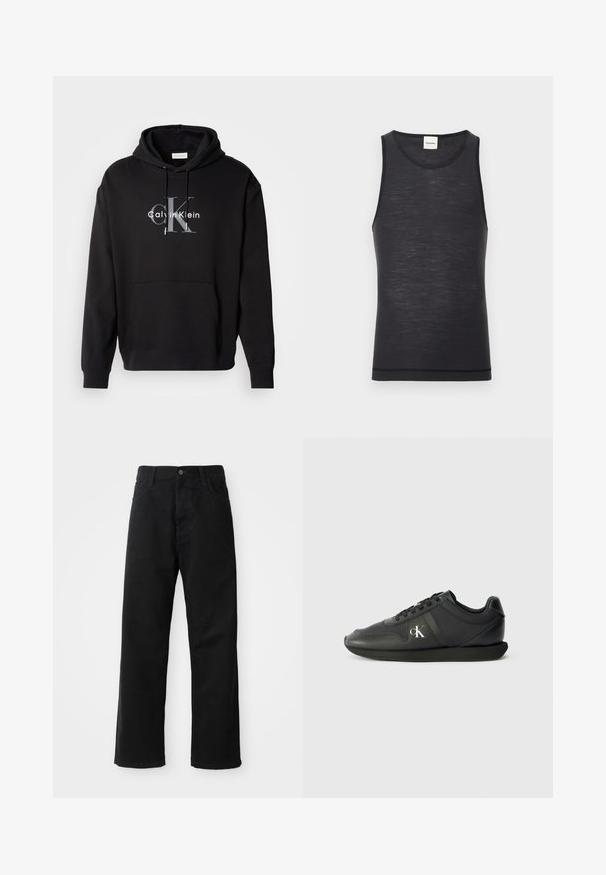 Musta huppari, joka on tehty puuvillasekoitteesta, sisältää etutaskun ja siinä on rintapaneelissa painettu Calvin Klein -logo harmaana ja valkoisena.; Musta ilmanhiha iste kauluspaita, joka on valmistettu kevyestä materiaalista. Siinä on pyöreä pääntie ja hienovarainen rakenne, sekä erottuva helman yksityiskohta.; Musta farkkushortsit suoran leikkauksen kanssa, joissa on etutaskut, vetoketjuläppä ja yksi yläpainike. Rakenteellinen kangas matta pinnalla.; Mustat nahkakengät pyöreällä kärjellä, tasaisella mustalla pohjalla ja nauhalla kiinnitettävällä designilla. Sivussa on hopeinen logo ja pinta on sileä ja teksturoitu.