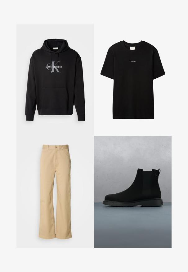 Must värvi kapuutsiga särk, mis on valmistatud puuvilla segust, ees on tasku ja rinnal halli ja valgega trükitud Calvin Kleini logo.; Must puuvillane t-särk ümarselguse ja lühikeste varrukatega. Esiküljel väike valge "Calvin Klein" logo. Sile, klassikalise lõikega.; Bežid, laiused püksid, mis on valmistatud puuvillasegust. Omavad nupuvärvi ja vööaukude. Sujuv tekstuur, kus on minimaalsed õmbluse detailid.; Mustad mustankott, mis on valmistatud siledast materjalist, peente õmblustega, kummitald ja stiilne disain, asetatud puidustruktuuriga pinna kohale.