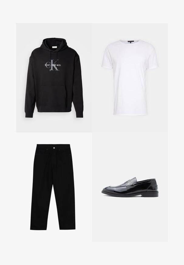 Schwarzer Kapuzenpullover aus Baumwollmischung mit einer Fronttasche und einem bedruckten Calvin Klein Logo in Grau und Weiß auf der Brust.; Weißes Baumwoll-T-Shirt mit Rundhalsausschnitt, kurzen Ärmeln und geradem Schnitt. Verfügt über eine einfache, glatte Textur und keine zusätzlichen Muster.; Schwarze Jeans mit geradem Bein, zwei vorderen Taschen, Knopfleiste und dezenten Steppnähten.; Schwarze Loafer aus Lackleder mit glatter Oberfläche, abgerundetem Zehenbereich und dekorativem Riemendetail, mit flachem Profil und Gummisohle.