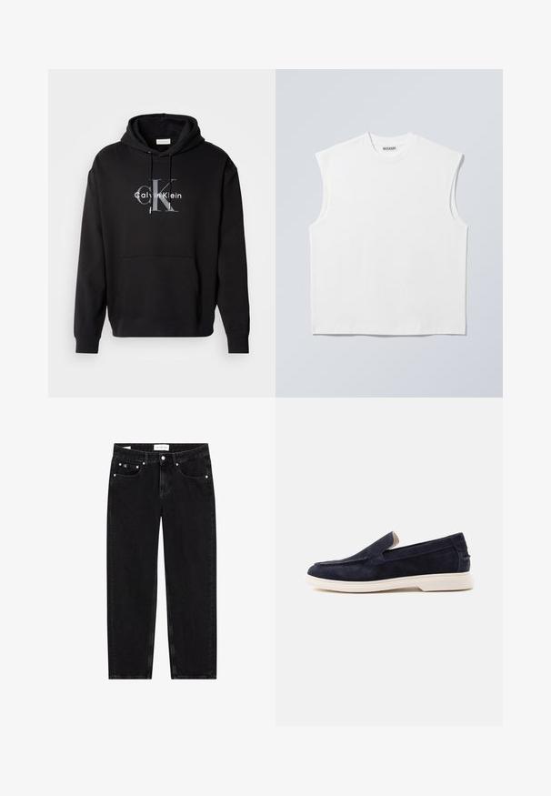 Musta huppari, joka on tehty puuvillasekoitteesta, sisältää etutaskun ja siinä on rintapaneelissa painettu Calvin Klein -logo harmaana ja valkoisena.; Valkoinen, hiaton puuvillapaita pyöreällä pääntiellä ja muotoilluilla harteilla, jossa kauluksella "WEEKDAY"-merkintä, esillä vaaleanharmaalla taustalla.; Mustat farkut suoran lahkean istuvuudella, hieman kulutetulla pinnalla, viidellä taskulla ja hopeisilla yksityiskohdilla. Tarranäyttö vyötäröllä.; Laivastonsininen mokkakengän loafer-malli miehille, valkoisella kumipohjalla, liukusäädöllä ja hienovaraisilla ompeluilla valkoisella taustalla.