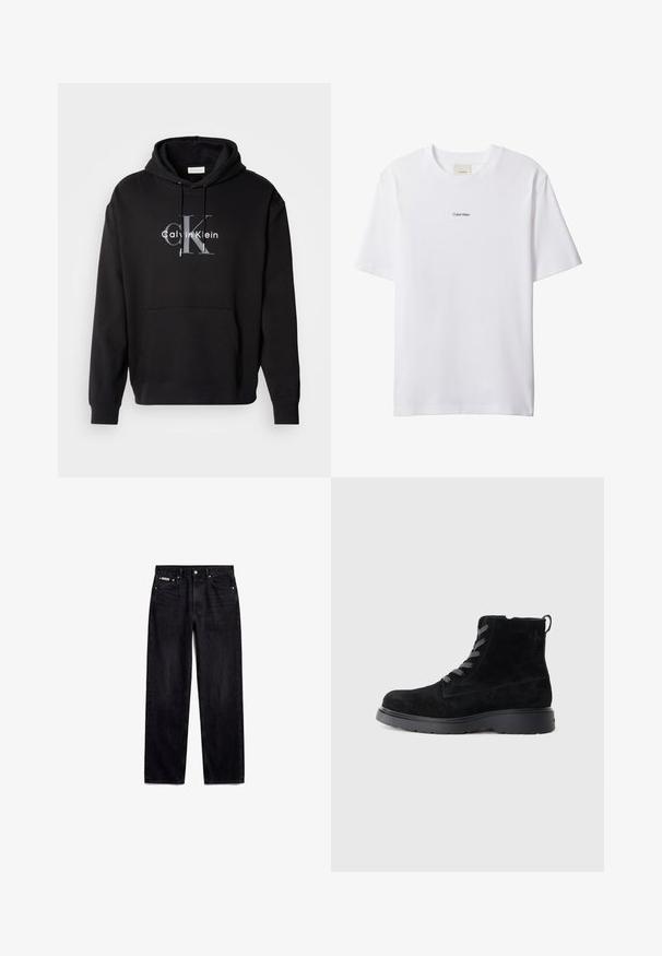 Schwarzer Kapuzenpullover aus Baumwollmischung mit einer Fronttasche und einem bedruckten Calvin Klein Logo in Grau und Weiß auf der Brust.; Weißes Baumwoll-T-Shirt mit Rundhalsausschnitt und kurzen Ärmeln. Auf der Brust zentriert befindet sich ein kleines schwarzes "Calvin Klein"-Logo.; Schwarze Jeans mit geradem Bein, fünf Taschen, Metallknopf und Calvin Klein Label auf der kleinen vorderen Tasche.; Schwarze Wildleder-Stiefeletten mit einer strukturierten Oberfläche, runder Zehenpartie, grauen Schnürsenkeln und einer stabilen schwarzen Sohle. Verfügt über eine kleine Zuglasche an der Rückseite.