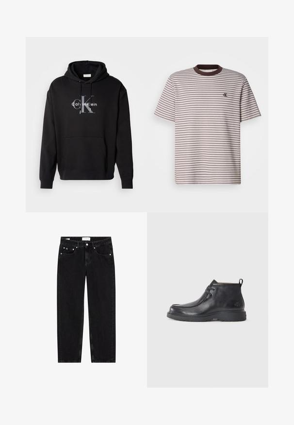 Sudadera con capucha negra de mezcla de algodón, con un bolsillo frontal y un logo impreso de Calvin Klein en gris y blanco en el pecho.; Camiseta de manga corta a rayas con rayas horizontales marrones y crema, cuello redondo con ribete marrón y pequeño logo bordado en el pecho.; Vaqueros de mezclilla negra con un corte recto, textura ligeramente desgastada, cinco bolsillos y detalles en metal plateado. Etiqueta en la cintura.; Botas de cuero negras hasta el tobillo con punta redondeada, diseño con cordones y una lengüeta en la parte trasera. Parte superior texturizada y suela de goma.