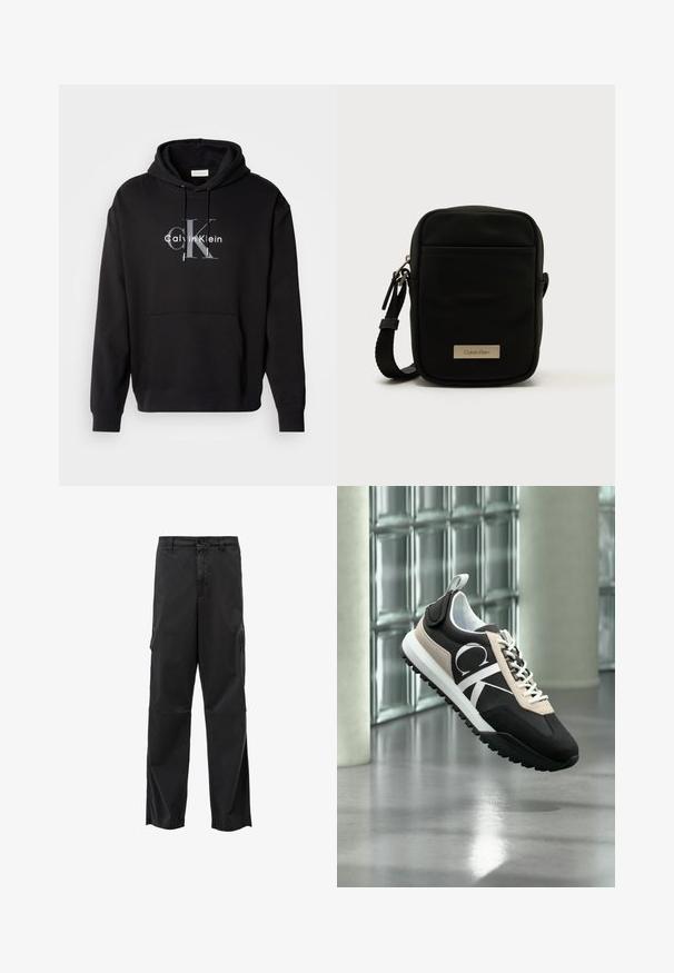 Musta huppari, joka on tehty puuvillasekoitteesta, sisältää etutaskun ja siinä on rintapaneelissa painettu Calvin Klein -logo harmaana ja valkoisena.; Mustat cargo-housut, joissa on suora leikkaus, nappikiinnitys ja sivutaskut. Silkkinen kangas, jossa on mattapinta eikä näkyviä kuvioita.; Musta-beigeinen lenkkari valkoisilla nauhoilla ja logolla, leijailee kiillotetun harmaan lattian yläpuolella, taustalla lasitiiliseinä.; Musta teksturoitu nailoninen olkalaukku suorakaiteen muotoinen, jossa etutasku vetoketjulla ja metallinen logolaatta. Säädettävä olkahihna mukana.