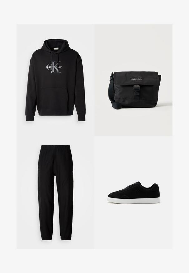 Sudadera con capucha negra de mezcla de algodón, con un bolsillo frontal y un logo impreso de Calvin Klein en gris y blanco en el pecho.; Pantalones de chándal negros con cintura elástica, piernas ajustadas y dobladillos. Textura de tela suave. Detalle del logo en un lado.; Zapatilla negra de corte bajo con cordones delanteros, logo sutil "ck" en el lateral y suela gruesa de goma blanca sobre fondo claro y liso.; Bolso de hombro negro Calvin Klein con solapa frontal, cierre con hebilla y correa ajustable sobre fondo blanco.