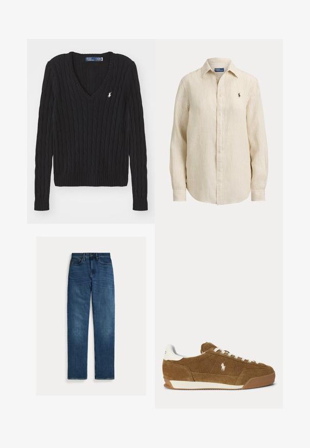 Pull noir en maille torsadée à col en V avec manches longues et petit logo blanc Polo by Ralph Lauren sur la poitrine gauche.; Chemise beige et blanche à rayures verticales, manches longues, boutonnée, avec col et petit logo brodé sur le côté gauche de la poitrine.; Jean droit en denim bleu avec cinq poches, fermeture par bouton, et une légère décoloration aux cuisses et aux genoux, posé à plat sur un fond blanc.; Baskets basses en suède marron avec lacets blancs, accent blanc au talon, semelle en caoutchouc et logo Polo brodé sur le côté.